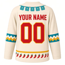 Load image into Gallery viewer, Chili Pepper Fiesta Original Hockey Jersey in Masa Cream, back view with your name and number – cut-paper banner yoke and serape-stripe sleeve bands