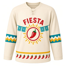 Load image into Gallery viewer, Chili Pepper Fiesta Original Hockey Jersey in Masa Cream, front view – chili peppers and cut-paper banners with chili pepper crest, custom name and number