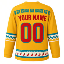 Load image into Gallery viewer, Chili Pepper Fiesta Original Hockey Jersey in Mango Sun, back view with your name and number – cut-paper banner yoke and serape-stripe sleeve bands