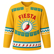Load image into Gallery viewer, Chili Pepper Fiesta Original Hockey Jersey in Mango Sun, front view – chili peppers and cut-paper banners with chili pepper crest, custom name and number