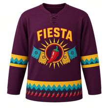 Load image into Gallery viewer, Chili Pepper Fiesta Original Hockey Jersey in Agave Plum, front view – chili peppers and cut-paper banners with chili pepper crest, custom name and number