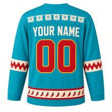 Load image into Gallery viewer, Chili Pepper Fiesta Original Hockey Jersey in Fiesta Turquoise, back view with your name and number – cut-paper banner yoke and serape-stripe sleeve bands