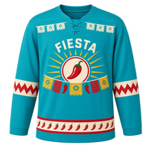 Load image into Gallery viewer, Chili Pepper Fiesta Original Hockey Jersey in Fiesta Turquoise, front view – chili peppers and cut-paper banners with chili pepper crest, custom name and number