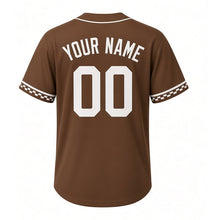 Load image into Gallery viewer, Cider Press Orchard Milwaukee Baseball Jersey in Barrel Brown, back view with your name and number – custom block name and number with checked-stripe sleeves