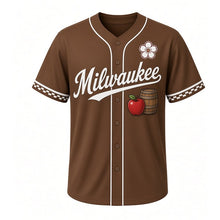Load image into Gallery viewer, Cider Press Orchard Milwaukee Baseball Jersey in Barrel Brown, front view – red apple and wooden cider barrel graphic with apple-blossom crest, custom name and number