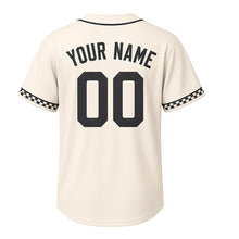 Load image into Gallery viewer, Cider Press Orchard Milwaukee Baseball Jersey in Blossom Cream, back view with your name and number – custom block name and number with checked-stripe sleeves
