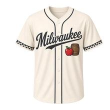 Load image into Gallery viewer, Cider Press Orchard Milwaukee Baseball Jersey in Blossom Cream, front view – red apple and wooden cider barrel graphic with apple-blossom crest, custom name and number