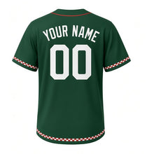 Load image into Gallery viewer, Cider Press Orchard Milwaukee Baseball Jersey in Orchard Leaf Green, back view with your name and number – custom block name and number with checked-stripe sleeves