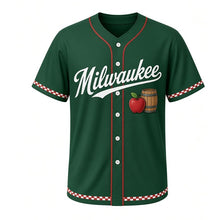 Load image into Gallery viewer, Cider Press Orchard Milwaukee Baseball Jersey in Orchard Leaf Green, front view – red apple and wooden cider barrel graphic with apple-blossom crest, custom name and number