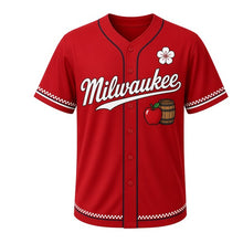 Load image into Gallery viewer, Cider Press Orchard Milwaukee Baseball Jersey in Orchard Apple Red, front view – red apple and wooden cider barrel graphic with apple-blossom crest, custom name and number