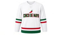 Load image into Gallery viewer, Cinco de Mayo Original Hockey Jersey in White, front view – custom name and number