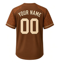 Load image into Gallery viewer, City Hall Tower Milwaukee Baseball Jersey in Bell Bronze, back view with your name and number – terracotta-ornament sleeves and banded hem