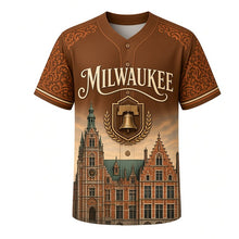 Load image into Gallery viewer, City Hall Tower Milwaukee Baseball Jersey in Bell Bronze, front view – Flemish Renaissance city hall tower with terracotta ornament and copper roof, custom name and number