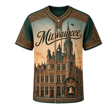 Load image into Gallery viewer, City Hall Tower Milwaukee Baseball Jersey in Copper Verdigris, front view – Flemish Renaissance city hall tower with terracotta ornament and copper roof, custom name and number