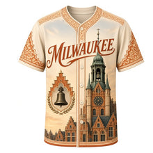 Load image into Gallery viewer, City Hall Tower Milwaukee Baseball Jersey in Sandstone Cream, front view – Flemish Renaissance city hall tower with terracotta ornament and copper roof, custom name and number