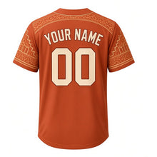 Load image into Gallery viewer, City Hall Tower Milwaukee Baseball Jersey in Terracotta Red, back view with your name and number – terracotta-ornament sleeves and banded hem
