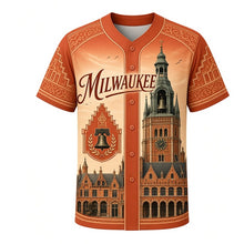 Load image into Gallery viewer, City Hall Tower Milwaukee Baseball Jersey in Terracotta Red, front view – Flemish Renaissance city hall tower with terracotta ornament and copper roof, custom name and number