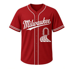 Load image into Gallery viewer, Cobblestone Alley Milwaukee Baseball Jersey in Alley Brick Red, front view – cobblestone lane and arched brick doorway graphic with keystone crest, custom name and number