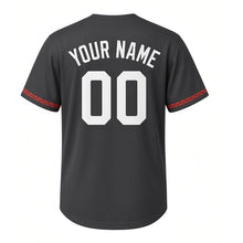 Load image into Gallery viewer, Cobblestone Alley Milwaukee Baseball Jersey in Cobble Charcoal, back view with your name and number – custom block name and number with brick-stripe sleeves