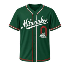 Load image into Gallery viewer, Cobblestone Alley Milwaukee Baseball Jersey in Ivy Green, front view – cobblestone lane and arched brick doorway graphic with keystone crest, custom name and number