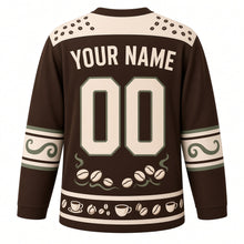 Load image into Gallery viewer, Coffee Bean Roast Original Hockey Jersey in Espresso Brown, back view with your name and number – coffee-bean yoke and steam-swirl sleeve bands