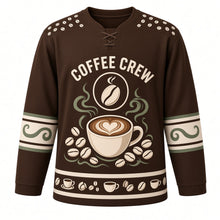 Load image into Gallery viewer, Coffee Bean Roast Original Hockey Jersey in Espresso Brown, front view – steaming coffee cup with latte art and roasted beans with coffee bean crest, custom name and number