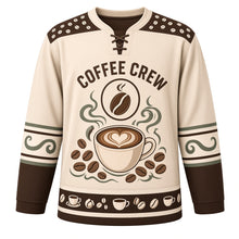 Load image into Gallery viewer, Coffee Bean Roast Original Hockey Jersey in Latte Cream, front view – steaming coffee cup with latte art and roasted beans with coffee bean crest, custom name and number