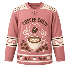 Load image into Gallery viewer, Coffee Bean Roast Original Hockey Jersey in Mocha Blush, front view – steaming coffee cup with latte art and roasted beans with coffee bean crest, custom name and number