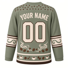 Load image into Gallery viewer, Coffee Bean Roast Original Hockey Jersey in Cafe Sage, back view with your name and number – coffee-bean yoke and steam-swirl sleeve bands