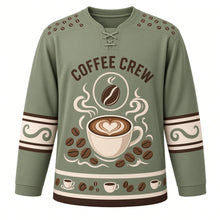 Load image into Gallery viewer, Coffee Bean Roast Original Hockey Jersey in Cafe Sage, front view – steaming coffee cup with latte art and roasted beans with coffee bean crest, custom name and number
