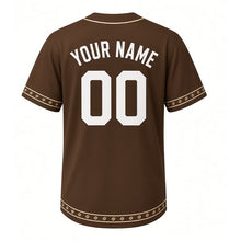 Load image into Gallery viewer, Coffee Roaster Milwaukee Baseball Jersey in Roast Brown, back view with your name and number – custom block name and number with bean-stripe sleeves