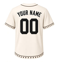 Load image into Gallery viewer, Coffee Roaster Milwaukee Baseball Jersey in Latte Cream, back view with your name and number – custom block name and number with bean-stripe sleeves