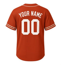 Load image into Gallery viewer, Coffee Roaster Milwaukee Baseball Jersey in Dark Roast Rust, back view with your name and number – custom block name and number with bean-stripe sleeves