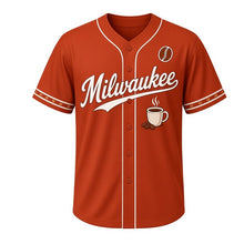 Load image into Gallery viewer, Coffee Roaster Milwaukee Baseball Jersey in Dark Roast Rust, front view – steaming coffee mug and beans graphic with coffee-bean crest, custom name and number