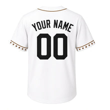 Load image into Gallery viewer, Coffee Roaster Milwaukee Baseball Jersey in Steamed Milk White, back view with your name and number – custom block name and number with bean-stripe sleeves