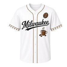 Load image into Gallery viewer, Coffee Roaster Milwaukee Baseball Jersey in Steamed Milk White, front view – steaming coffee mug and beans graphic with coffee-bean crest, custom name and number