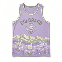 Load image into Gallery viewer, Colorado Columbine Meadow Original Basketball Jersey in Columbine Lavender, front view – custom name and number