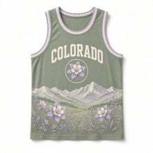 Load image into Gallery viewer, Colorado Columbine Meadow Original Basketball Jersey in Meadow Sage, front view – custom name and number