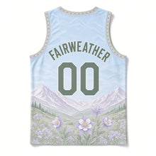 Load image into Gallery viewer, Colorado Columbine Meadow Original Basketball Jersey in High Country Sky, back view with your name and number