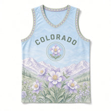 Load image into Gallery viewer, Colorado Columbine Meadow Original Basketball Jersey in High Country Sky, front view – custom name and number