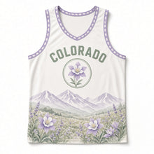 Load image into Gallery viewer, Colorado Columbine Meadow Original Basketball Jersey in Meadow White, front view – custom name and number