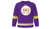 Load image into Gallery viewer, Coming of Age Day Original Hockey Jersey in Royal Purple, front view – mizuhiki knot and plum blossom crest – custom name and number