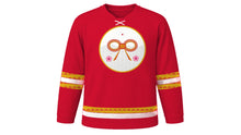 Load image into Gallery viewer, Coming of Age Day Original Hockey Jersey in Furisode Red, front view – mizuhiki knot and plum blossom crest – custom name and number