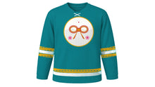 Load image into Gallery viewer, Coming of Age Day Original Hockey Jersey in Teal, front view – mizuhiki knot and plum blossom crest – custom name and number