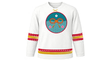 Load image into Gallery viewer, Coming of Age Day Original Hockey Jersey in Snow White, front view – mizuhiki knot and plum blossom crest – custom name and number