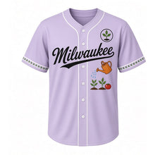 Load image into Gallery viewer, Community Garden Milwaukee Baseball Jersey in Garden Lavender, front view – watering can with seedlings and tomato graphic with seedling crest, custom name and number