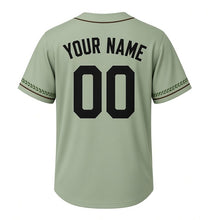 Load image into Gallery viewer, Community Garden Milwaukee Baseball Jersey in Seedling Sage, back view with your name and number – custom block name and number with leaf-stripe sleeves