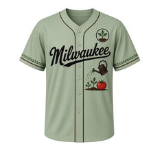 Load image into Gallery viewer, Community Garden Milwaukee Baseball Jersey in Seedling Sage, front view – watering can with seedlings and tomato graphic with seedling crest, custom name and number