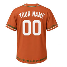 Load image into Gallery viewer, Community Garden Milwaukee Baseball Jersey in Clay Pot Terracotta, back view with your name and number – custom block name and number with leaf-stripe sleeves