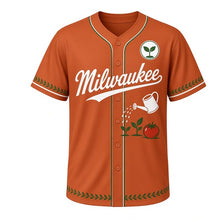 Load image into Gallery viewer, Community Garden Milwaukee Baseball Jersey in Clay Pot Terracotta, front view – watering can with seedlings and tomato graphic with seedling crest, custom name and number